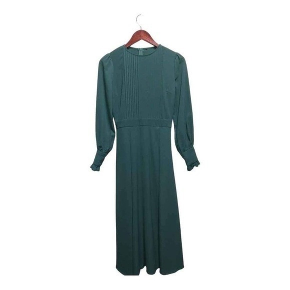 Women's Green Midi Dress Small Bishop Sleeve Pleated Bodice Formal Elegant